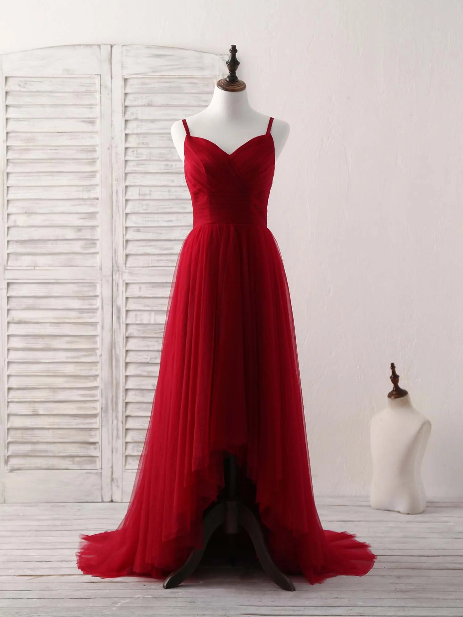 Buyishang Burgundy Sweetheart Neck Tulle High Low Prom Dress Burgundy Formal Dress Bridesmaid dress shop